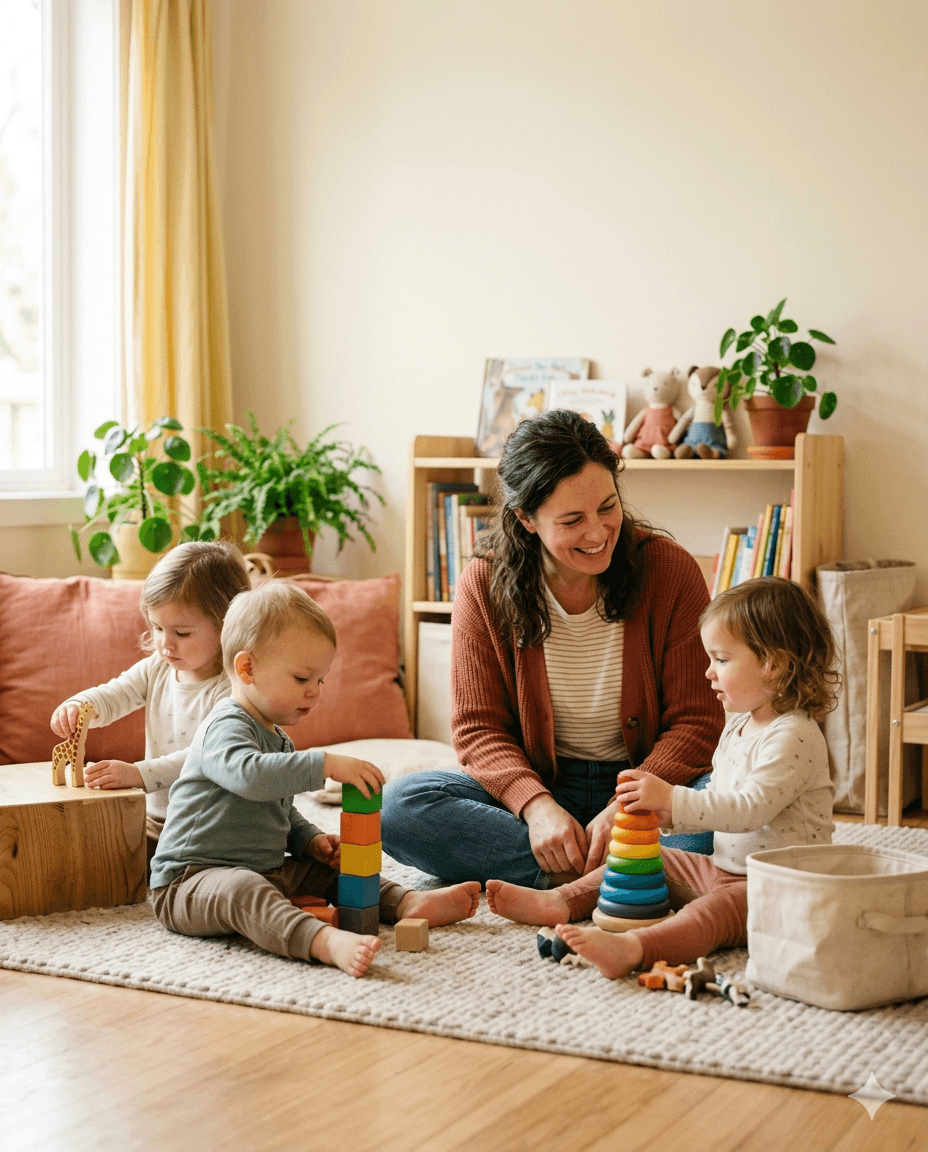 Tagesmutter spielt mit drei Kleinkindern auf einem Teppich mit Holzspielzeug