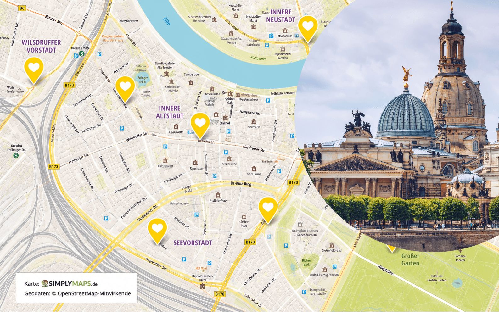 Karte von Dresden mit gelben Pins und Stadtansicht der Frauenkirche